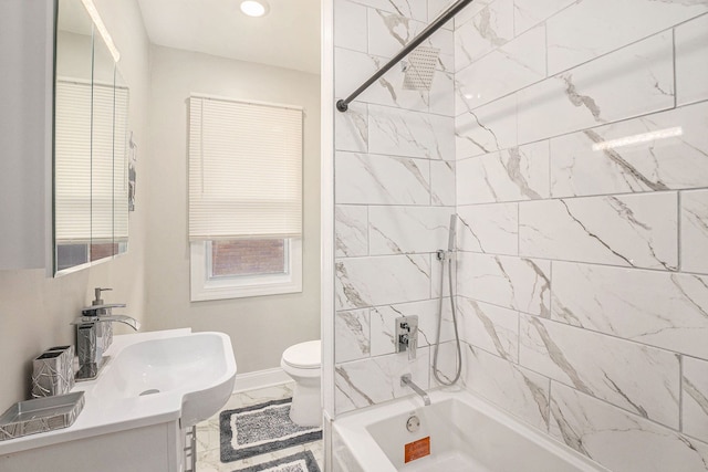4411 Iroquois St, Detroit, MI 48214 - bathroom featuring bathing tub / shower combination, toilet, baseboards, marble finish floor, and vanity