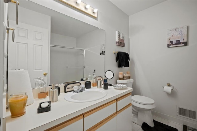 26765 Plumgrove Ln, Farmington Hills, MI 48334 - bathroom featuring a stall shower, vanity, toilet, tile patterned flooring, and visible vents