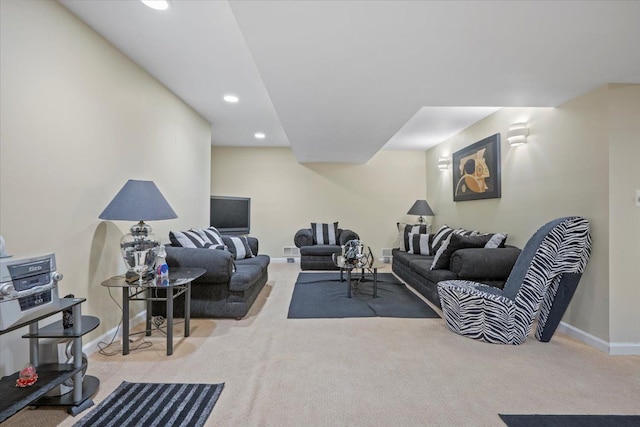 26765 Plumgrove Ln, Farmington Hills, MI 48334 - carpeted living room featuring baseboards, visible vents, and recessed lighting