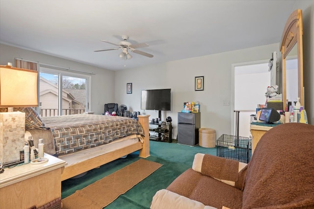 26765 Plumgrove Ln, Farmington Hills, MI 48334 - carpeted bedroom featuring a ceiling fan, access to exterior, and freestanding refrigerator