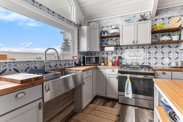 17570 Apache Trl, Howard City, MI 49329 - kitchen featuring gray cabinets, wood counters, appliances with stainless steel finishes, and open shelves