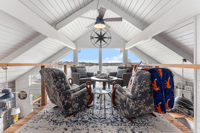 17570 Apache Trl, Howard City, MI 49329 - exterior space with hardwood / wood-style flooring, ceiling fan, vaulted ceiling with beams, and a water view