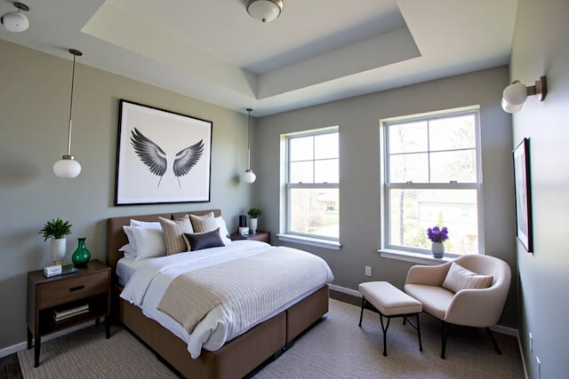 carpeted bedroom featuring a raised ceiling and baseboards