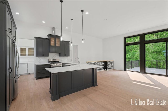 9465 Wabasis Pointe Dr NE, Greenville, MI 48838 - kitchen featuring stainless steel appliances, light countertops, light wood-type flooring, glass insert cabinets, and an island with sink