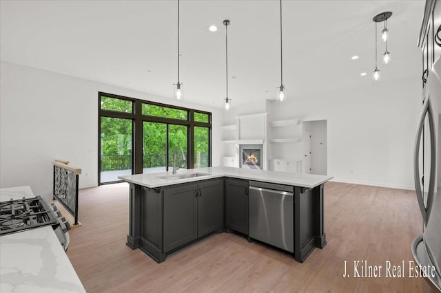 9465 Wabasis Pointe Dr NE, Greenville, MI 48838 - kitchen with open floor plan, appliances with stainless steel finishes, a sink, light wood finished floors, and a warm lit fireplace