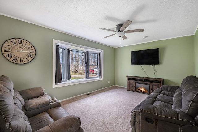 1315 Beaverbrook Dr, Holly, MI 48442 - living room featuring carpet, a textured ceiling, a ceiling fan, and baseboards