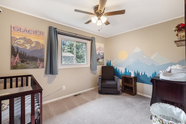 1315 Beaverbrook Dr, Holly, MI 48442 - bedroom with visible vents, a ceiling fan, crown molding, baseboards, and carpet flooring