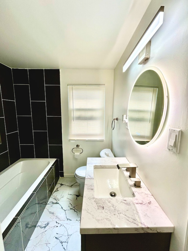 10342 Britain St, Detroit, MI 48224 - bathroom with vanity, toilet, tiled tub, and marble finish floor