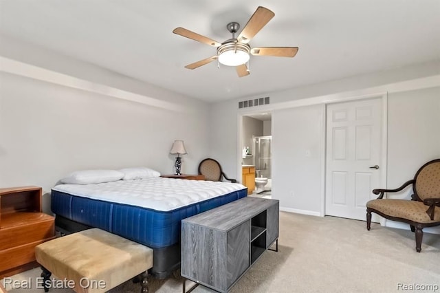 45089 Klingkammer St, Utica, MI 48317 - bedroom with a ceiling fan, visible vents, baseboards, light carpet, and ensuite bath