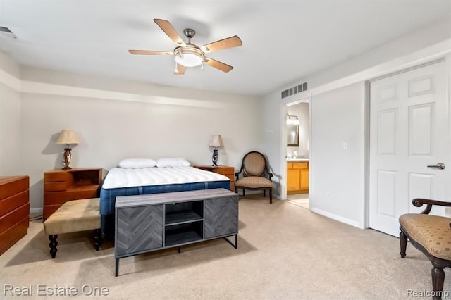 45089 Klingkammer St, Utica, MI 48317 - bedroom featuring visible vents, baseboards, ceiling fan, light colored carpet, and ensuite bath