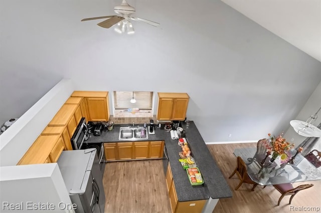 45089 Klingkammer St, Utica, MI 48317 - kitchen with a ceiling fan, light wood finished floors, and dark countertops