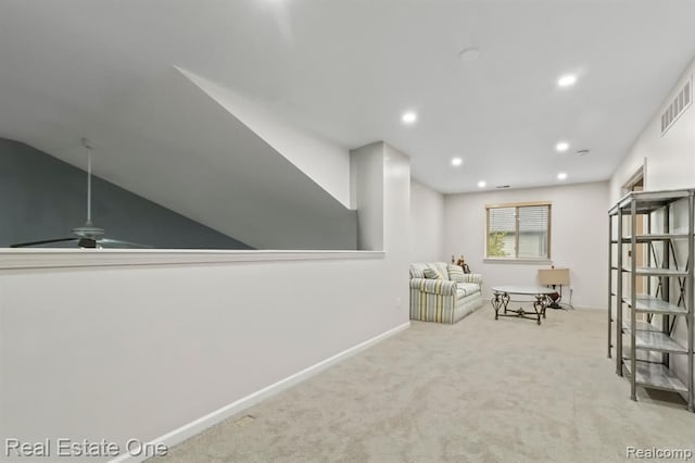 45089 Klingkammer St, Utica, MI 48317 - living area featuring a ceiling fan, visible vents, carpet floors, baseboards, and recessed lighting