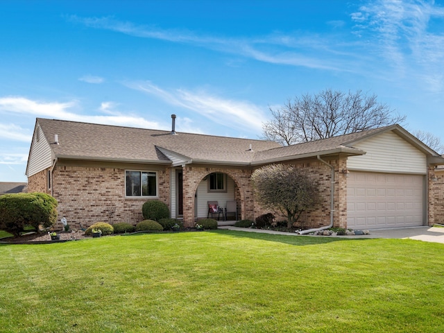 ranch-style house featuring concrete driveway, brick siding, a front yard, and a garage