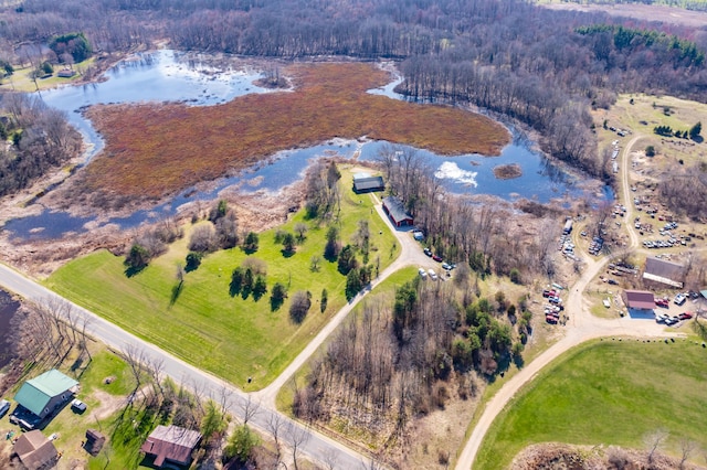 birds eye view of property featuring a view of trees and a water view