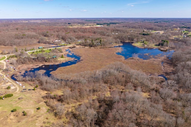 drone / aerial view with a wooded view and a water view