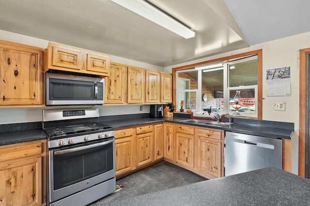 kitchen featuring dark countertops, stainless steel appliances, and a sink