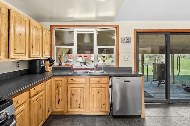 kitchen with dark countertops, stainless steel appliances, and a sink
