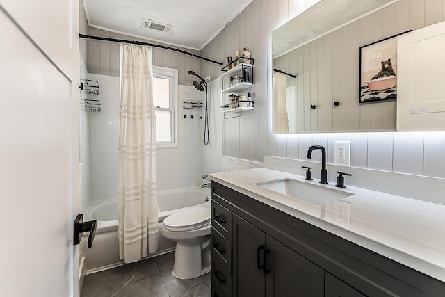 bathroom with shower / bath combination with curtain, toilet, ornamental molding, tile patterned flooring, and visible vents