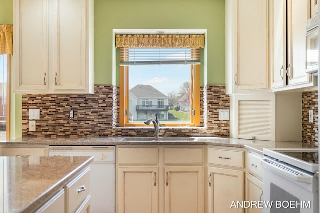 332 Royal Park Dr, Zeeland, MI 49464 - kitchen featuring white electric stove, dishwashing machine, decorative backsplash, and a sink