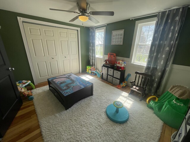 7801 S Lucas Rd, Mcbain, MI 49657 - recreation room with a ceiling fan and wood finished floors