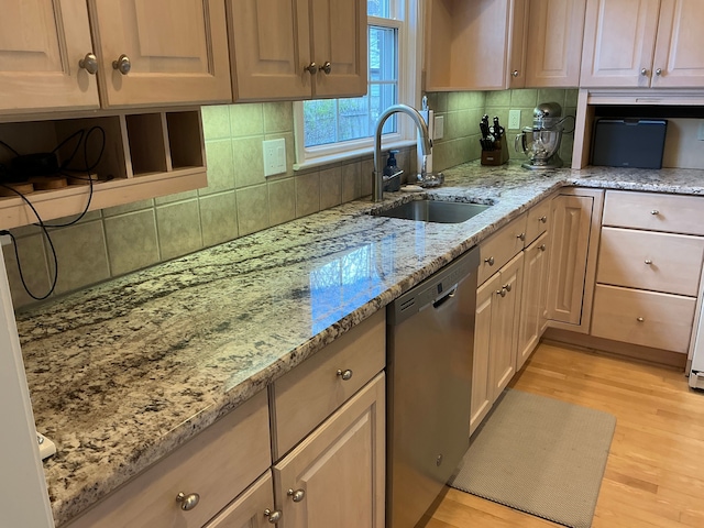 kitchen featuring decorative backsplash, stainless steel dishwasher, a sink, and light wood-style floors