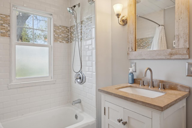full bathroom featuring vanity and shower / bath combination with curtain