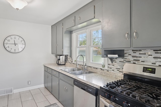 kitchen with stainless steel appliances, gray cabinetry, a sink, and visible vents