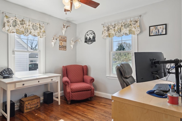 office space with baseboards, ceiling fan, and wood finished floors