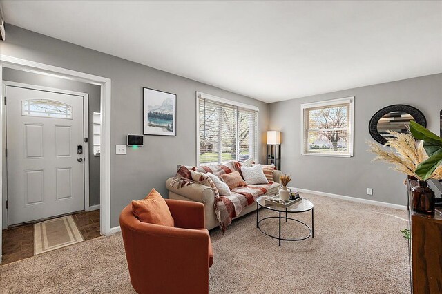 living room with carpet and baseboards