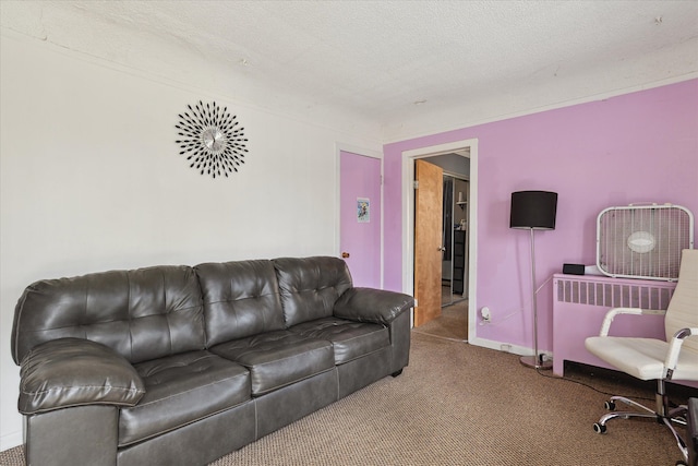 carpeted living room featuring radiator and baseboards