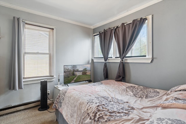 carpeted bedroom featuring ornamental molding and a baseboard radiator