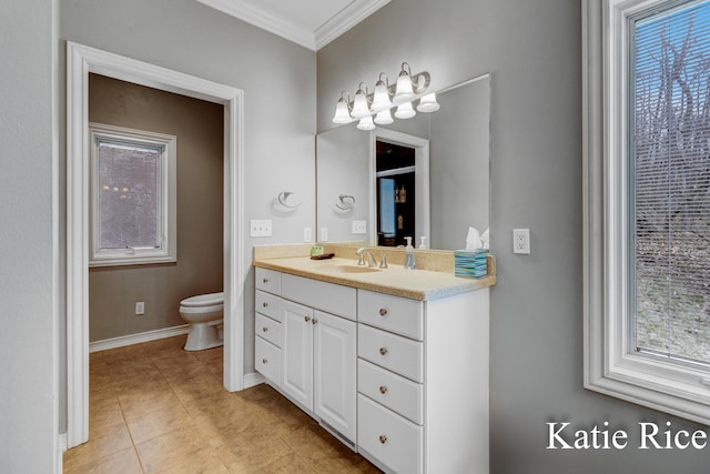 5575 Beechmont Rd, Whitehall, MI 49461 - bathroom featuring crown molding, vanity, baseboards, toilet, and tile patterned flooring
