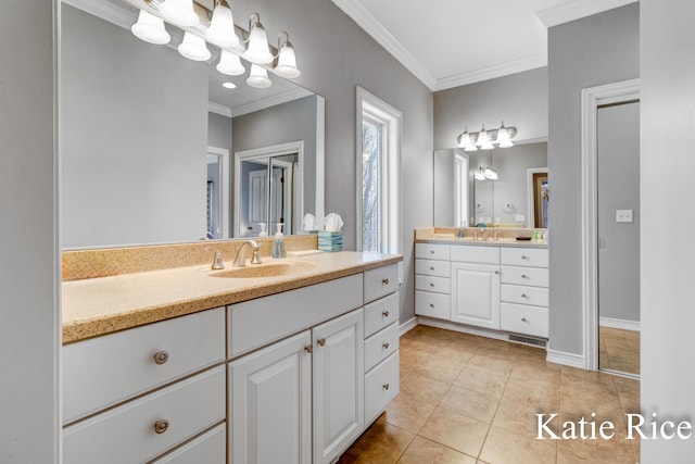 5575 Beechmont Rd, Whitehall, MI 49461 - full bathroom with tile patterned floors, visible vents, a sink, crown molding, and two vanities