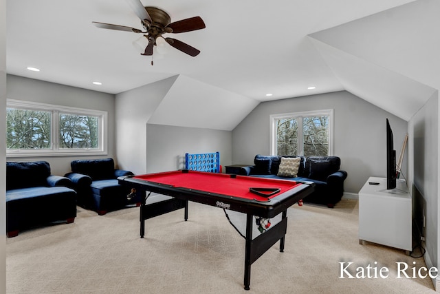 5575 Beechmont Rd, Whitehall, MI 49461 - playroom with recessed lighting, lofted ceiling, carpet floors, and ceiling fan