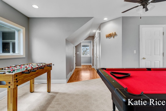 5575 Beechmont Rd, Whitehall, MI 49461 - recreation room with recessed lighting, carpet floors, a ceiling fan, and baseboards