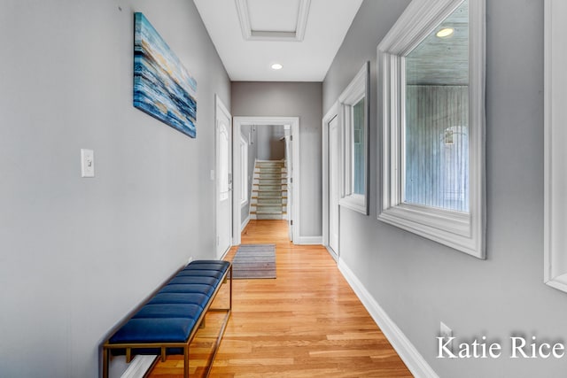 5575 Beechmont Rd, Whitehall, MI 49461 - hallway featuring attic access, baseboards, wood finished floors, and recessed lighting