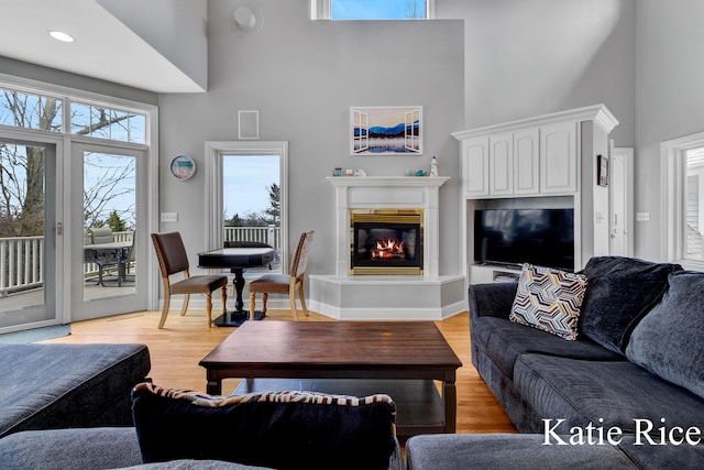 5575 Beechmont Rd, Whitehall, MI 49461 - living area featuring a glass covered fireplace, a towering ceiling, and light wood finished floors