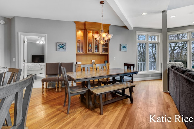 5575 Beechmont Rd, Whitehall, MI 49461 - dining room with a chandelier, light wood finished floors, baseboards, and recessed lighting