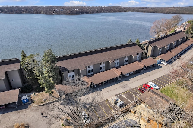bird's eye view with a water view