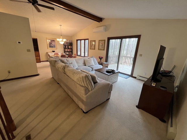 living room featuring baseboard heating, ceiling fan with notable chandelier, vaulted ceiling with beams, light carpet, and a wall unit AC