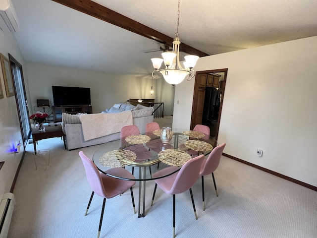 dining space with light carpet, a wall unit AC, a baseboard radiator, and an inviting chandelier