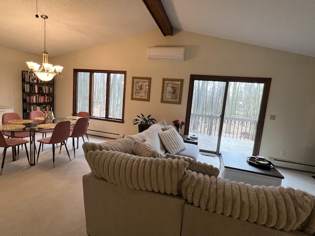 living room featuring a baseboard radiator, lofted ceiling with beams, a chandelier, and a wall mounted AC