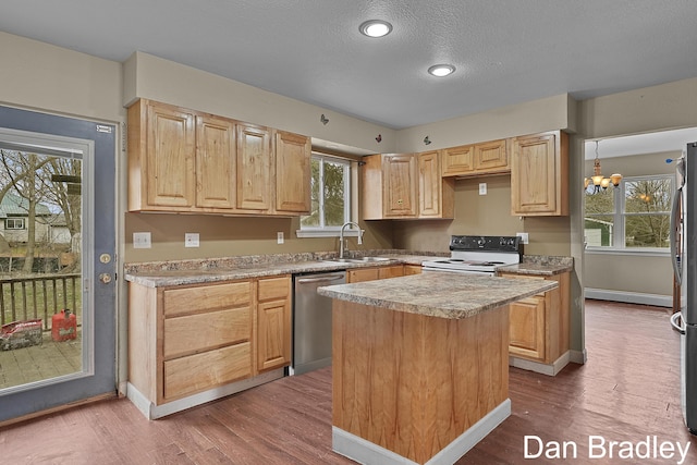 kitchen with dark wood-style floors, light brown cabinets, stainless steel appliances, and a sink