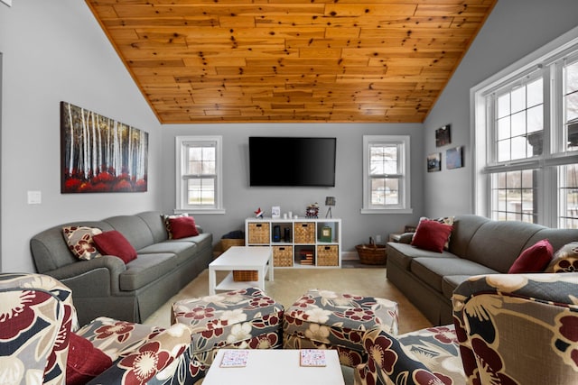 1219 Nokomis Dr, Gladwin, MI 48624 - living area with wood ceiling, vaulted ceiling, and carpet