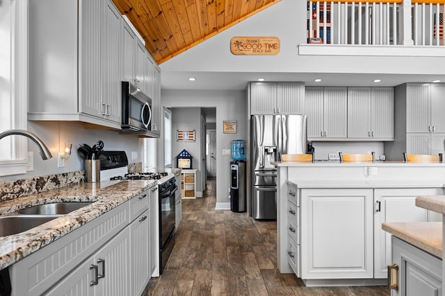 1219 Nokomis Dr, Gladwin, MI 48624 - kitchen featuring high vaulted ceiling, a sink, wood ceiling, appliances with stainless steel finishes, and dark wood-style floors