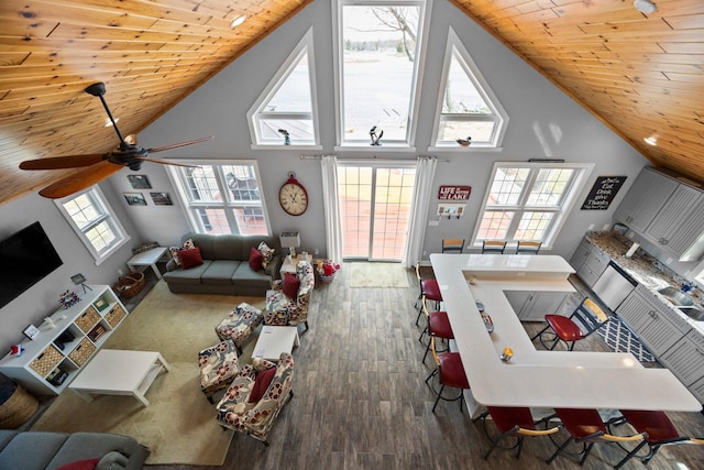 1219 Nokomis Dr, Gladwin, MI 48624 - living room featuring wooden ceiling and high vaulted ceiling