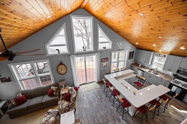 1219 Nokomis Dr, Gladwin, MI 48624 - interior space with stainless steel appliances, dark wood-style floors, vaulted ceiling, a ceiling fan, and wooden ceiling
