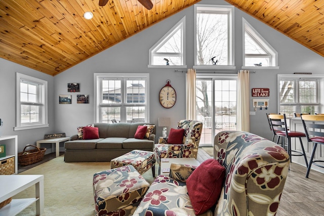 1219 Nokomis Dr, Gladwin, MI 48624 - living area featuring a healthy amount of sunlight, high vaulted ceiling, and wooden ceiling