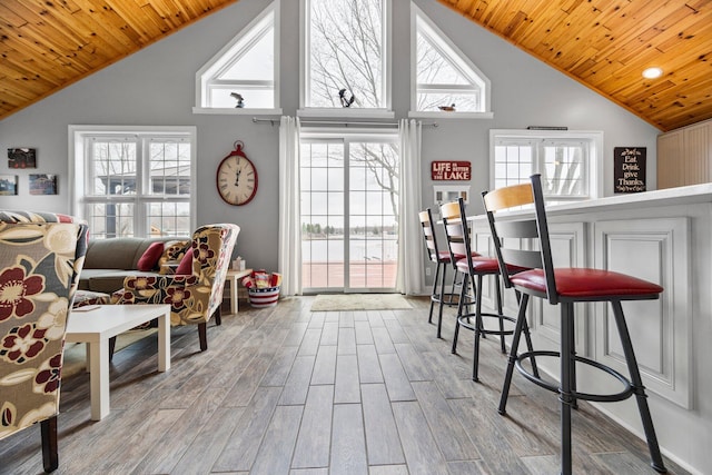 1219 Nokomis Dr, Gladwin, MI 48624 - interior space with high vaulted ceiling, wooden ceiling, wood finished floors, and plenty of natural light