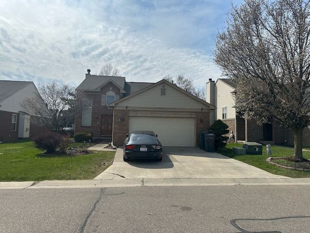 view of front of home featuring concrete driveway, brick siding, an attached garage, and a front yard